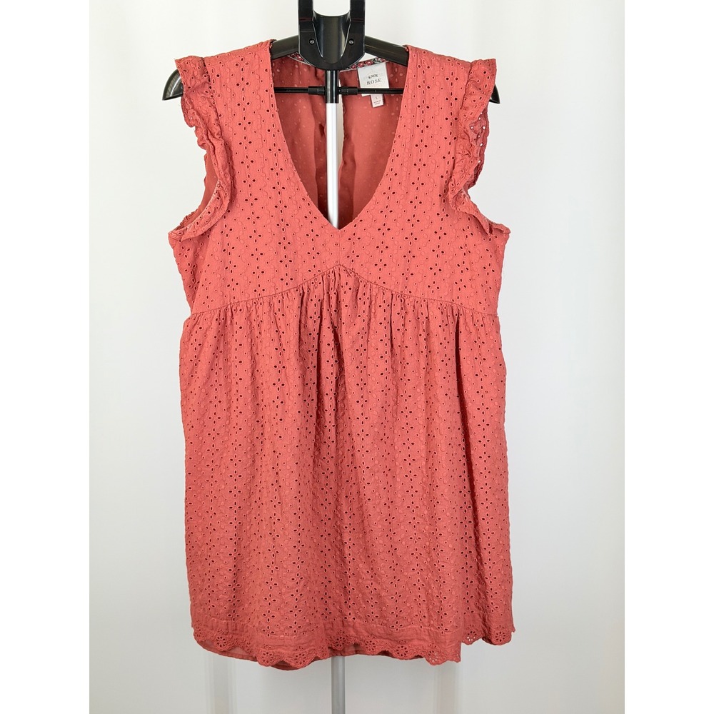 Knox Rose Women Coral Eyelet Embroidered Ruffle Sleeveless Mini Dress Large